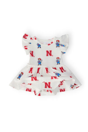 (S) Nebraska White Herbie Husker Flutter Twirl Bodysuit-Mila & Rose ®