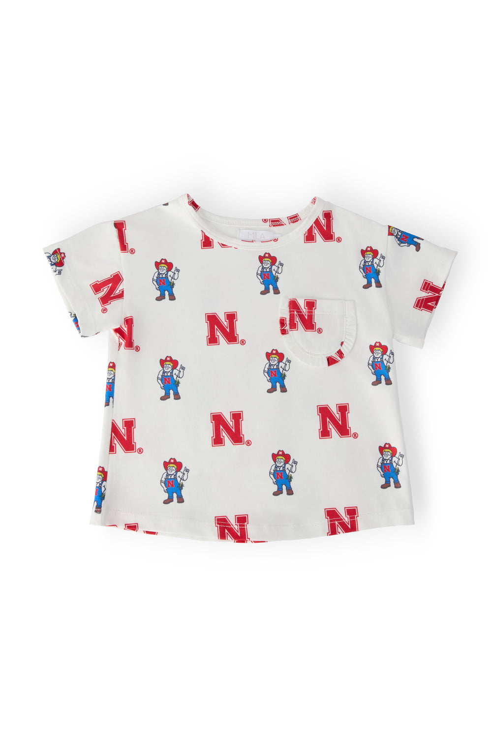 Nebraska White Herbie Husker Ruffle Pocket Tee-Mila & Rose ®