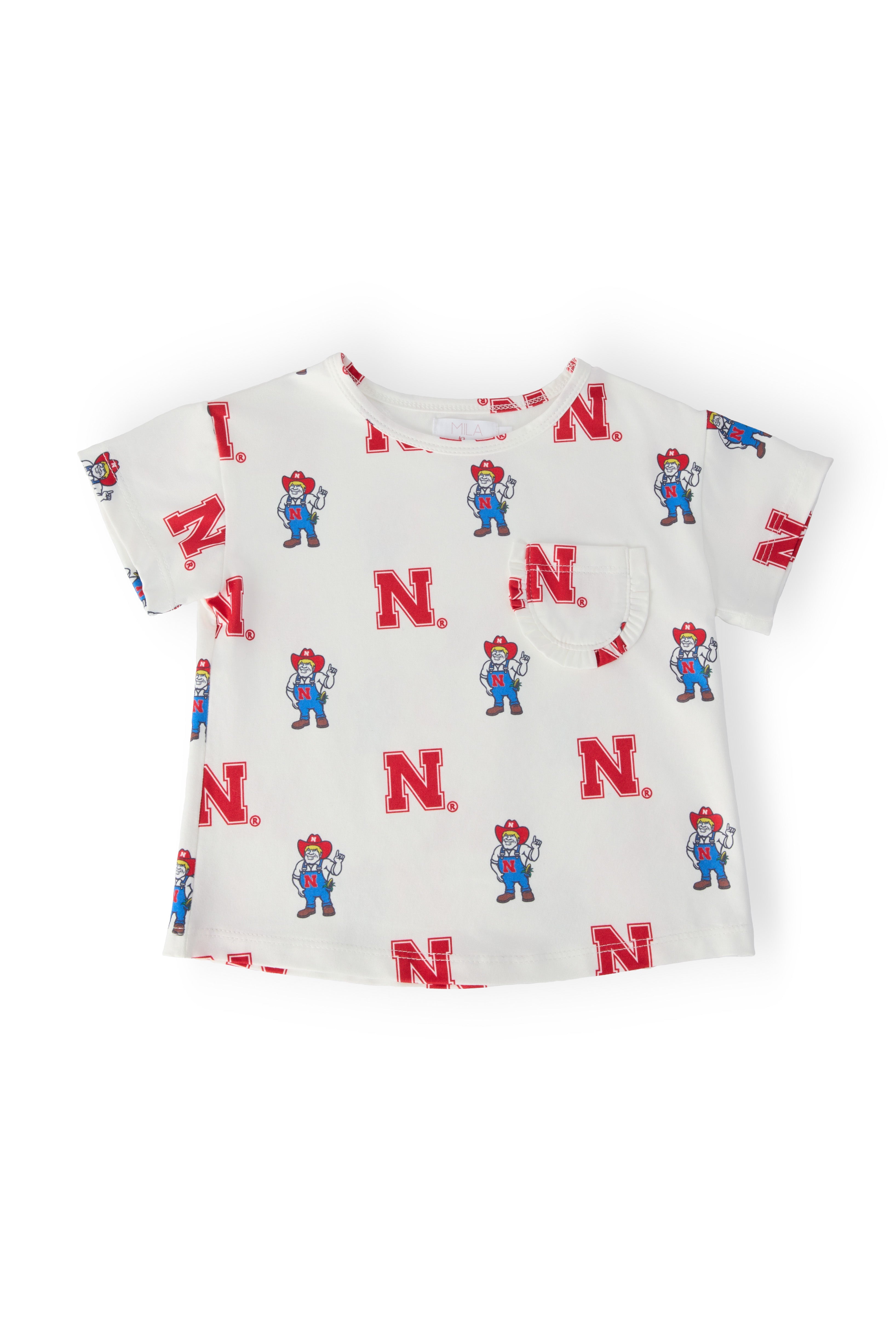 (S) Nebraska White Herbie Husker Ruffle Pocket Tee-Mila & Rose ®