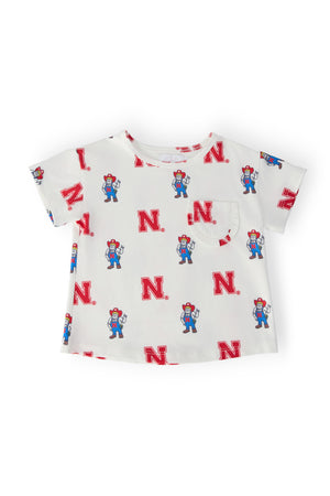 (S) Nebraska White Herbie Husker Ruffle Pocket Tee-Mila & Rose ®