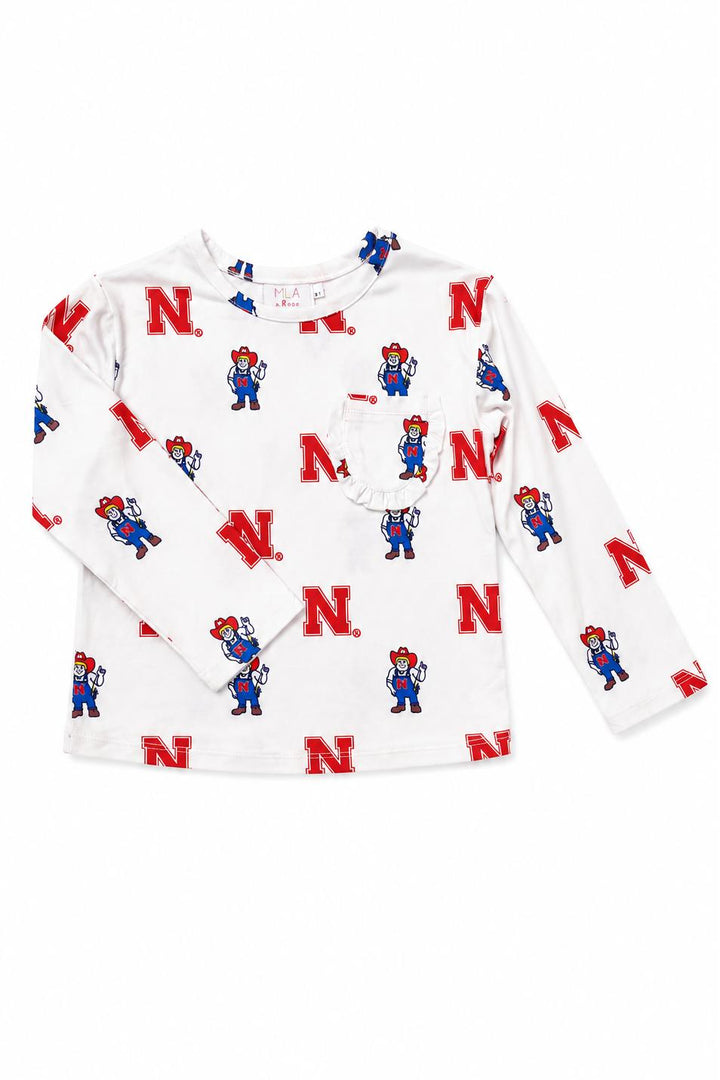 Nebraska White Herbie Husker L/S Ruffle Pocket Tee-Mila & Rose ®
