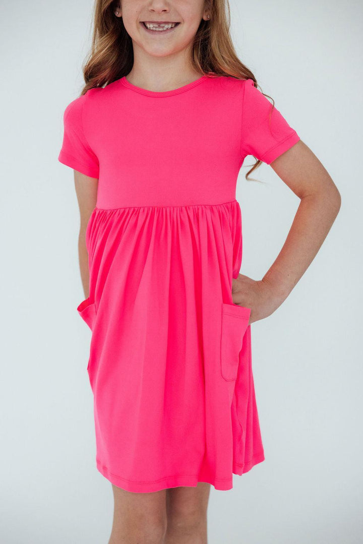 Neon Pink S/S Pocket Twirl Dress-Mila & Rose ®