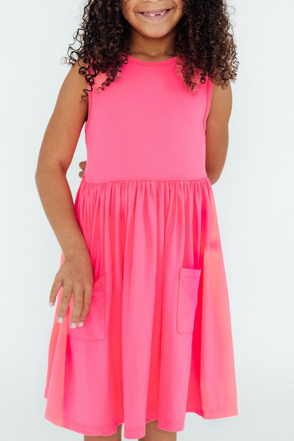 open lace back dress Girls' Neon Pink Tank Pocket Twirl Dress Size: 2T Toddler by Mila & Rose