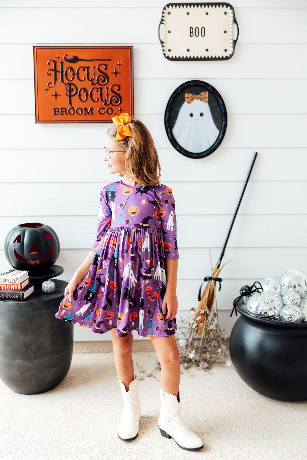 No Tricks, Just Treats 3/4 Sleeve Pocket Twirl Dress-Mila & Rose ®