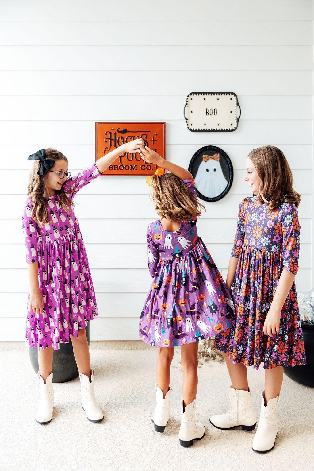 No Tricks, Just Treats 3/4 Sleeve Pocket Twirl Dress-Mila & Rose ®