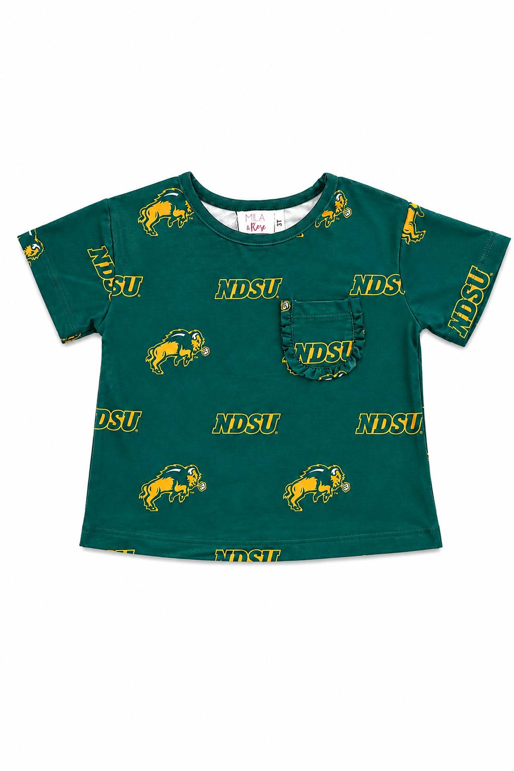 North Dakota State University Green Bison Ruffle Pocket Tee-Mila & Rose ®