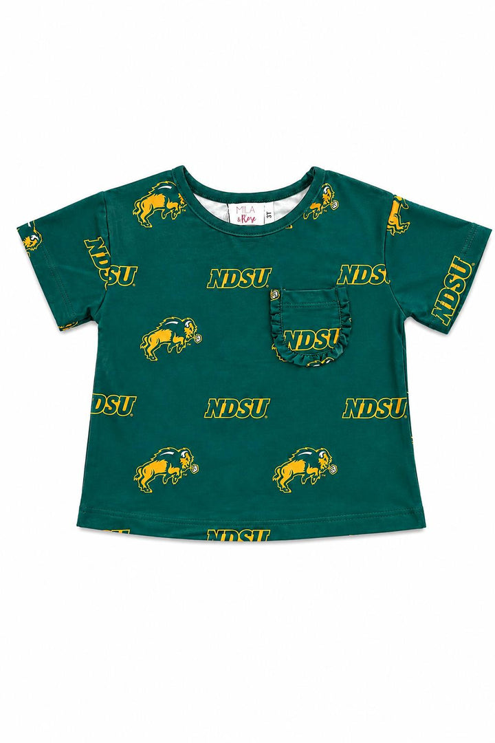 North Dakota State University Green Bison Ruffle Pocket Tee-Mila & Rose ®