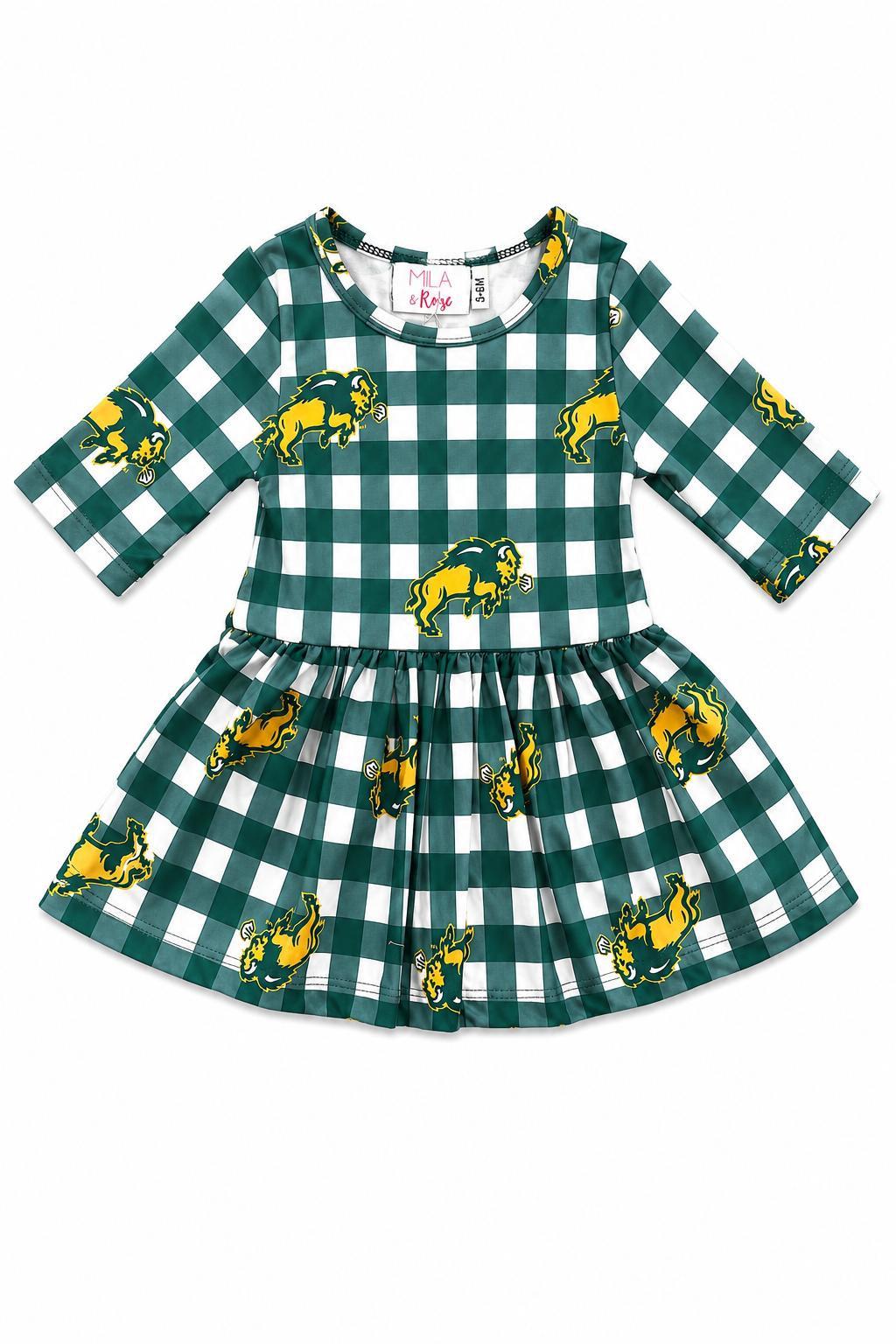 North Dakota State University Plaid Bison 3/4 Sleeve Twirl Bodysuit-Mila & Rose ®
