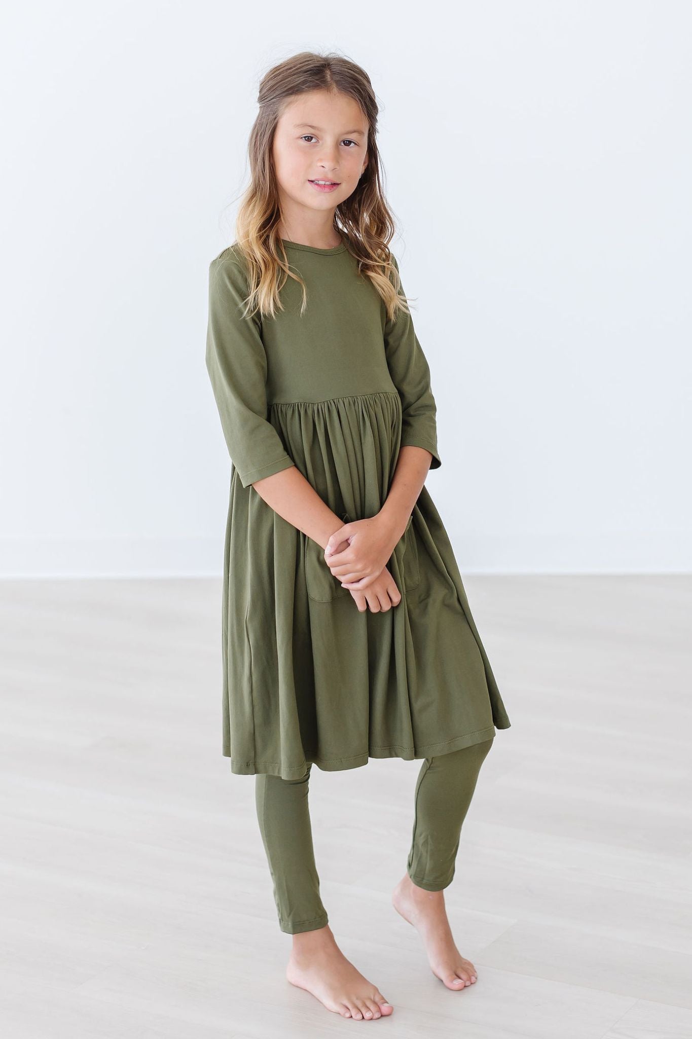 Girls' Olive 3/4 Sleeve Pocket Twirl Dress Size: 6-12m By Mila & Rose Girls' Olive 3/4 Sleeve Pocket Twirl Dress Size: 6-12m By Mila & Rose