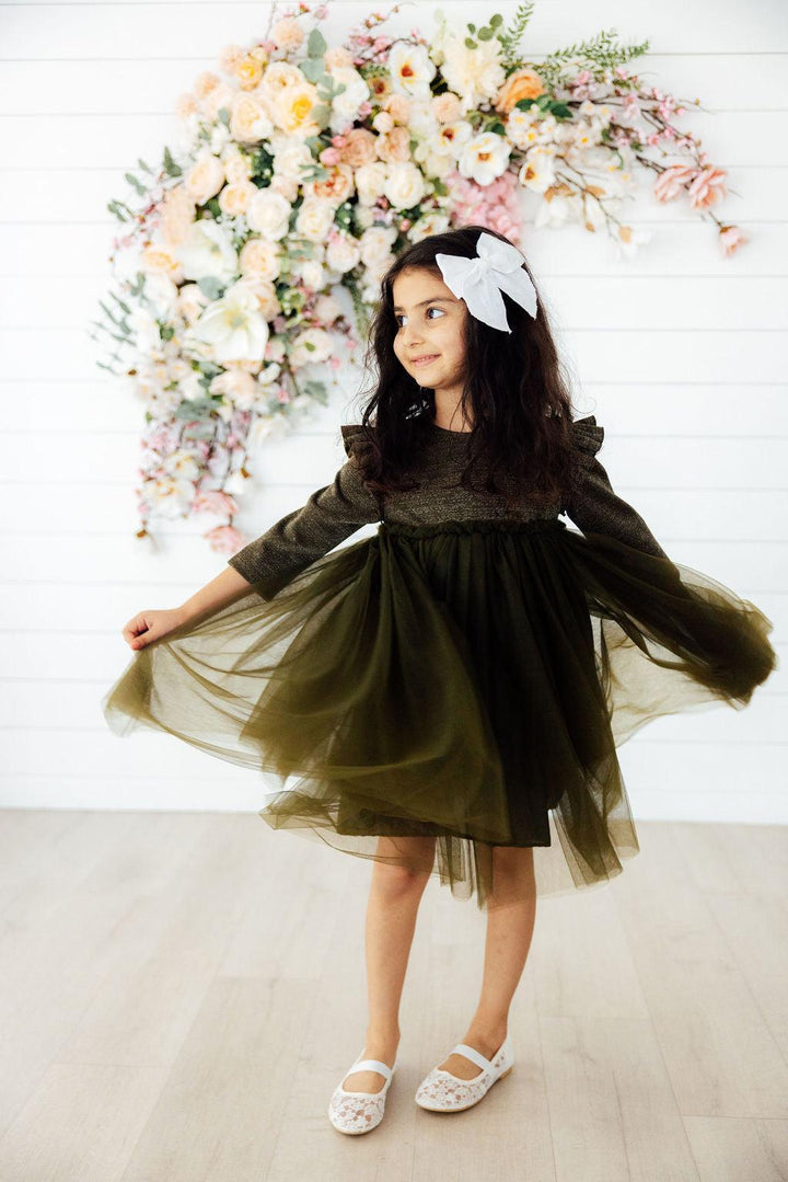 Olive Shimmer 3/4 Sleeve Tutu Dress-Mila & Rose ®