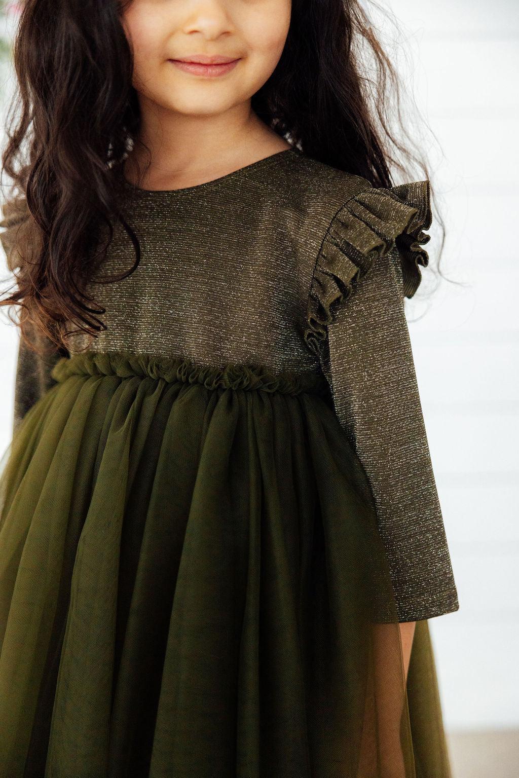 Olive Shimmer 3/4 Sleeve Tutu Dress-Mila & Rose ®