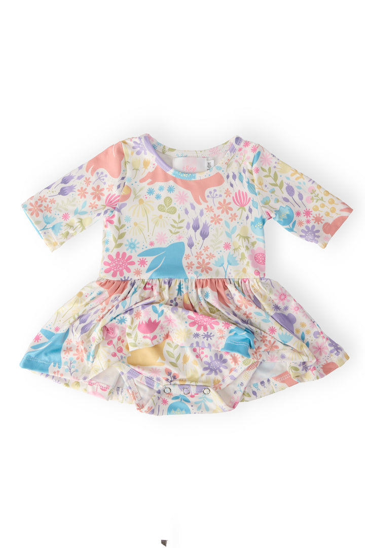 Pastel Floral Bunnies 3/4 Sleeve Twirl Bodysuit-Mila & Rose ®