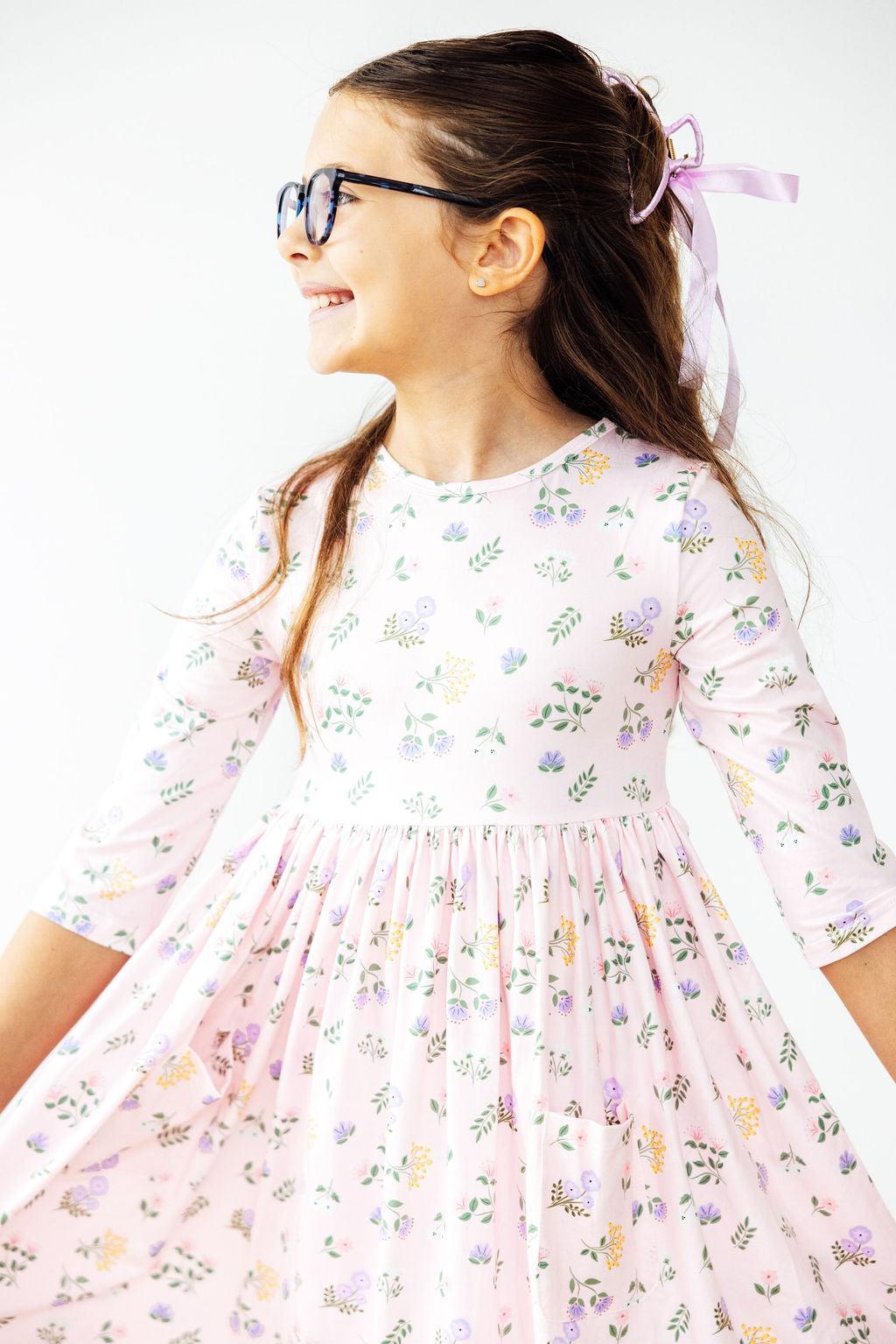 long sleeve pastel dress Girls' Pastel Petals 3/4 Sleeve Pocket Twirl Dress Size: 5/6 By Mila & Rose