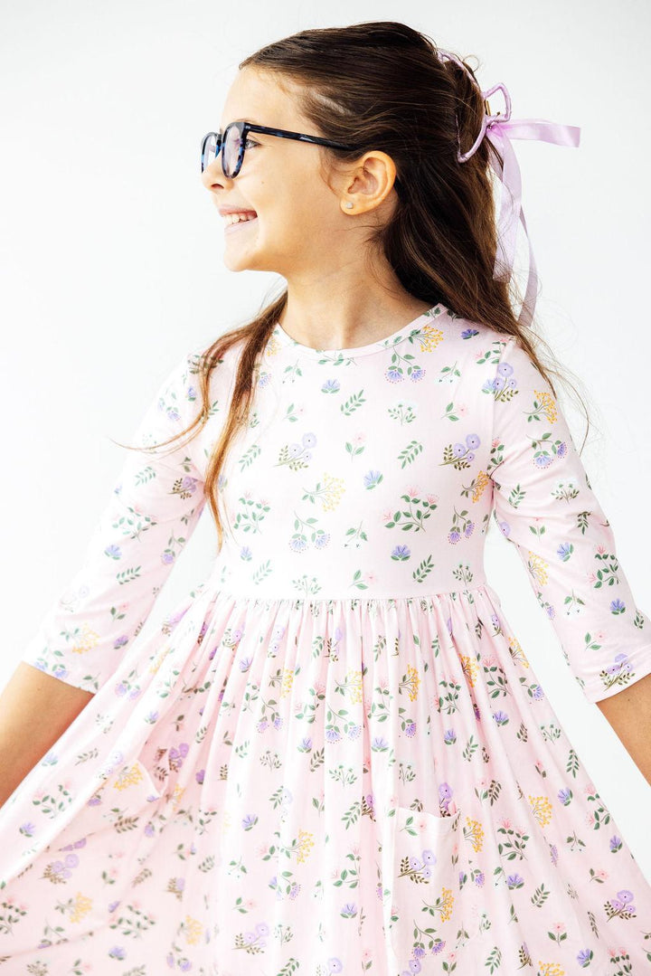 Pastel Petals 3/4 Sleeve Pocket Twirl Dress-Mila & Rose ®