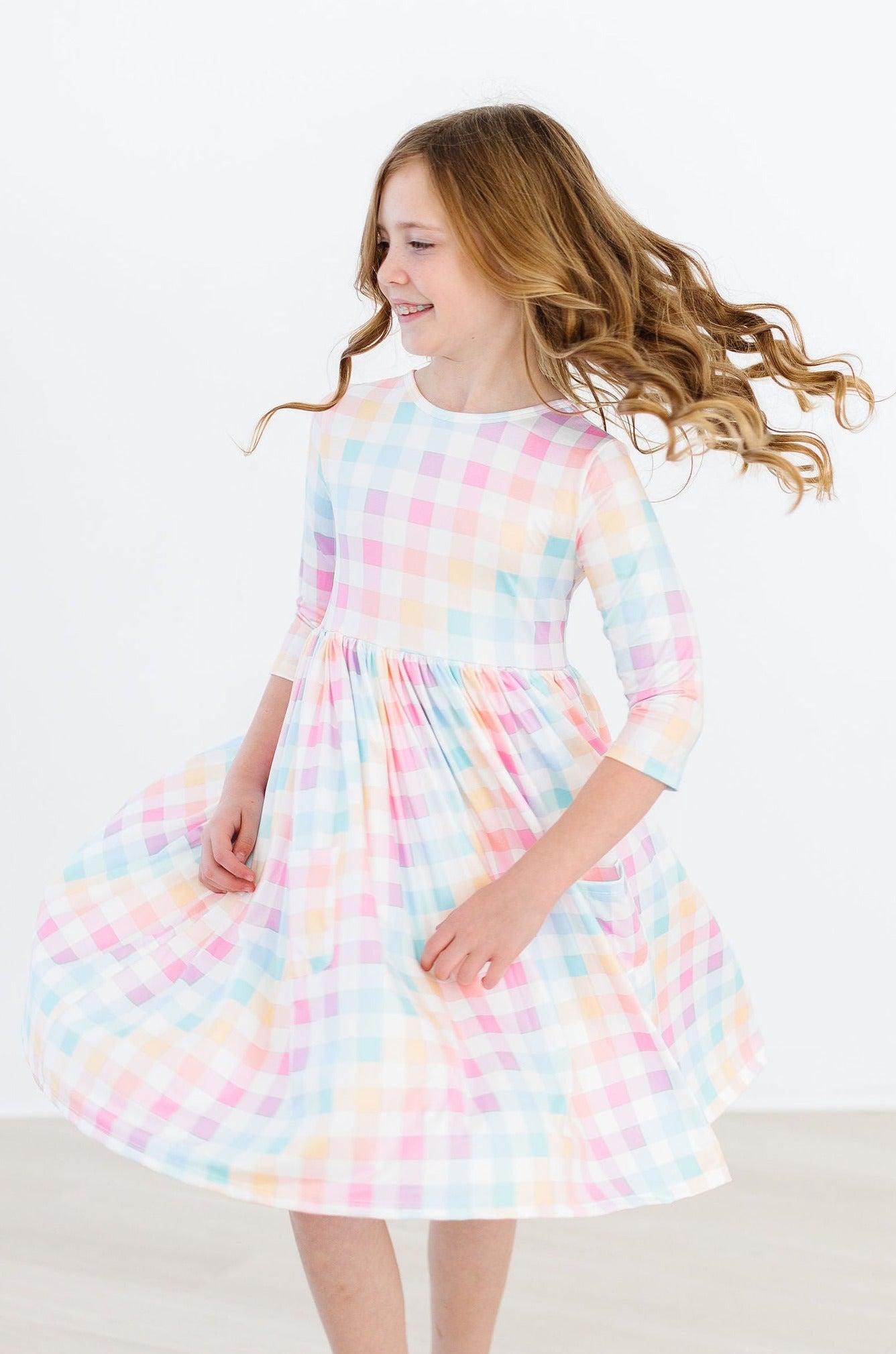 pastel plaid dress women SFNEEWHO Pretty Pastel Rainbow Plaid Pattern Dress Women Boho High Waist Flared Puff Sleeve Cute Sweetheart Midi Dress