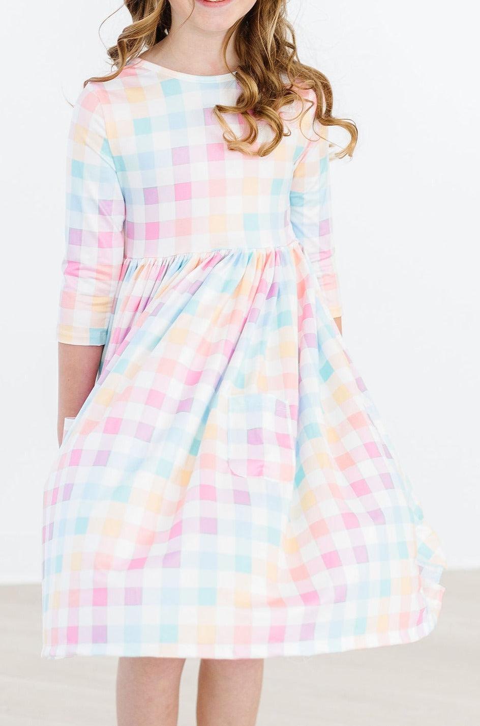 Pastel Plaid 3/4 Sleeve Pocket Twirl Dress-Mila & Rose ®