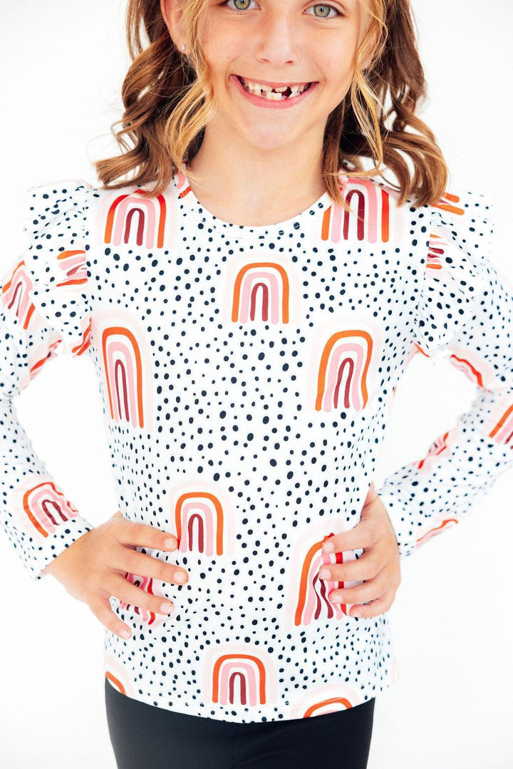 (S) Peach Rainbow L/S Ruffle Tee-Mila & Rose ®