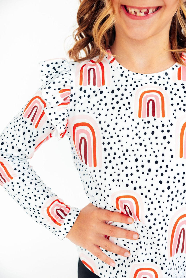 (S) Peach Rainbow L/S Ruffle Tee-Mila & Rose ®
