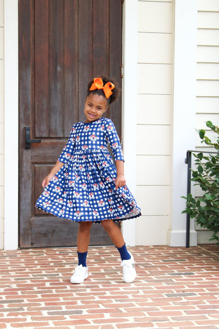 Auburn Plaid Aubie 3/4 Sleeve Pocket Twirl Dress-Mila & Rose ®