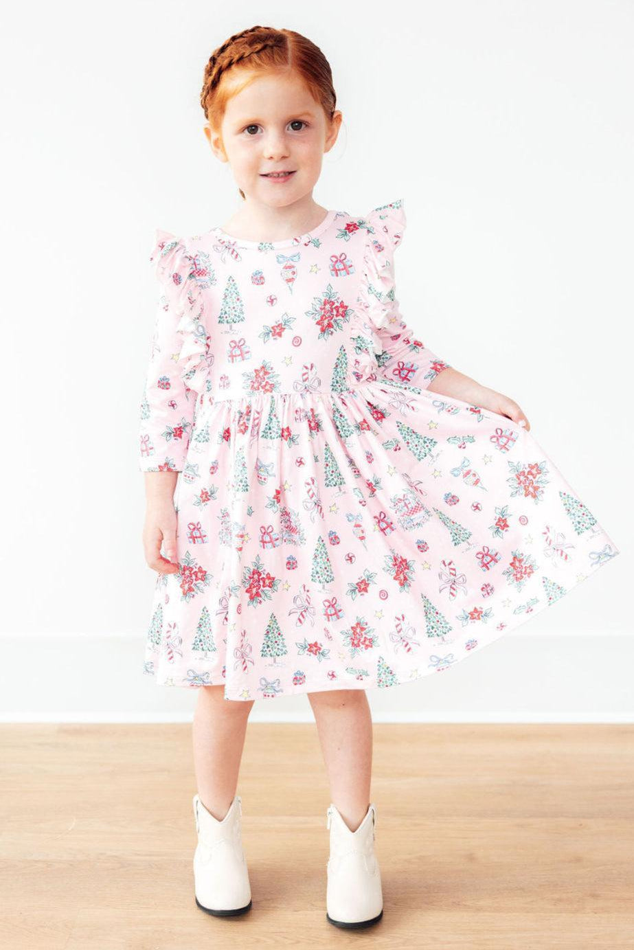 Girls' Pink Christmas 3/4 Sleeve Ruffle Twirl Dress Size: 6-12M by Mila & Rose Girls' Pink Christmas 3/4 Sleeve Ruffle Twirl Dress Size: 6-12M by Mila & Rose