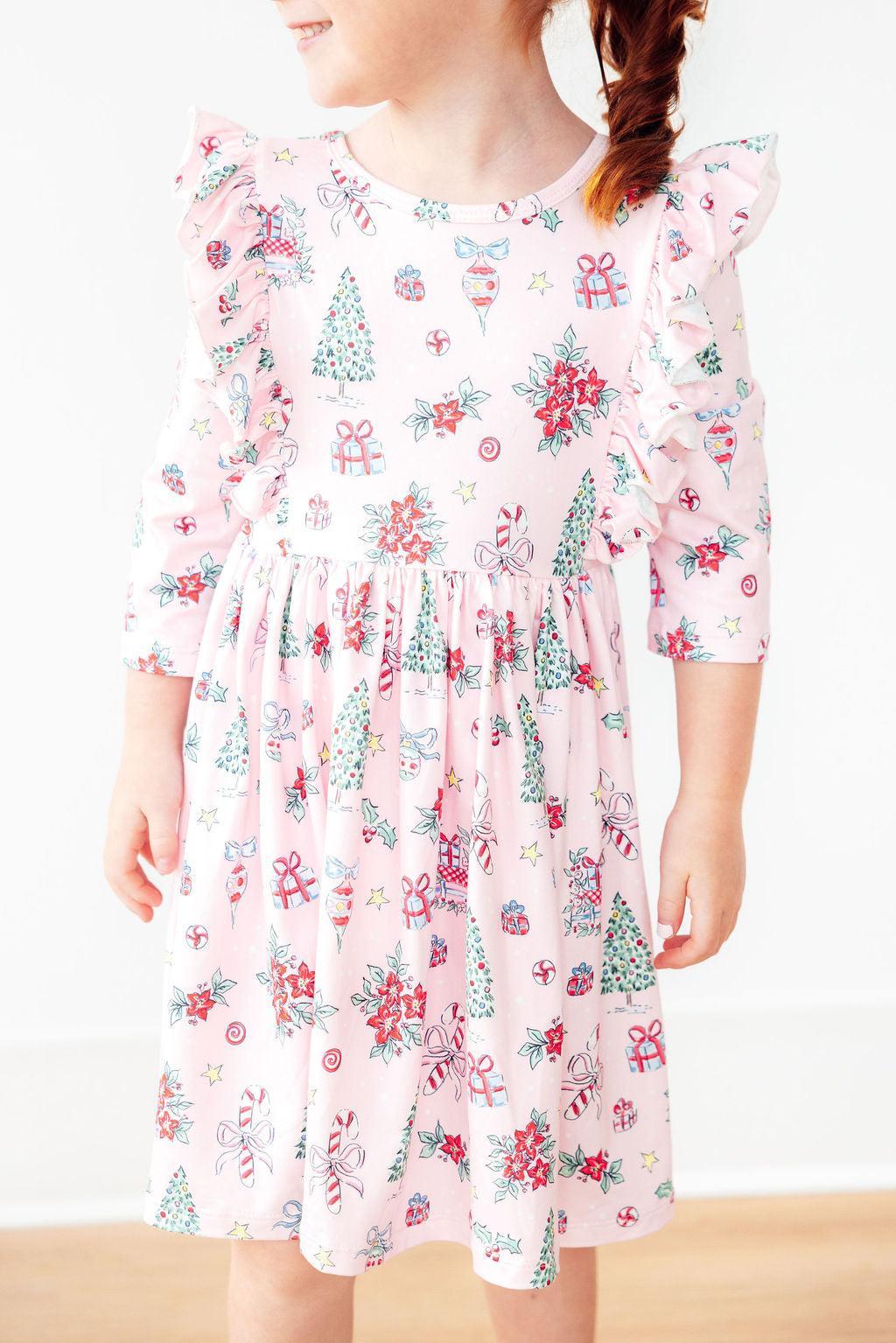 Pink Christmas 3/4 Sleeve Ruffle Twirl Dress-Mila & Rose ®
