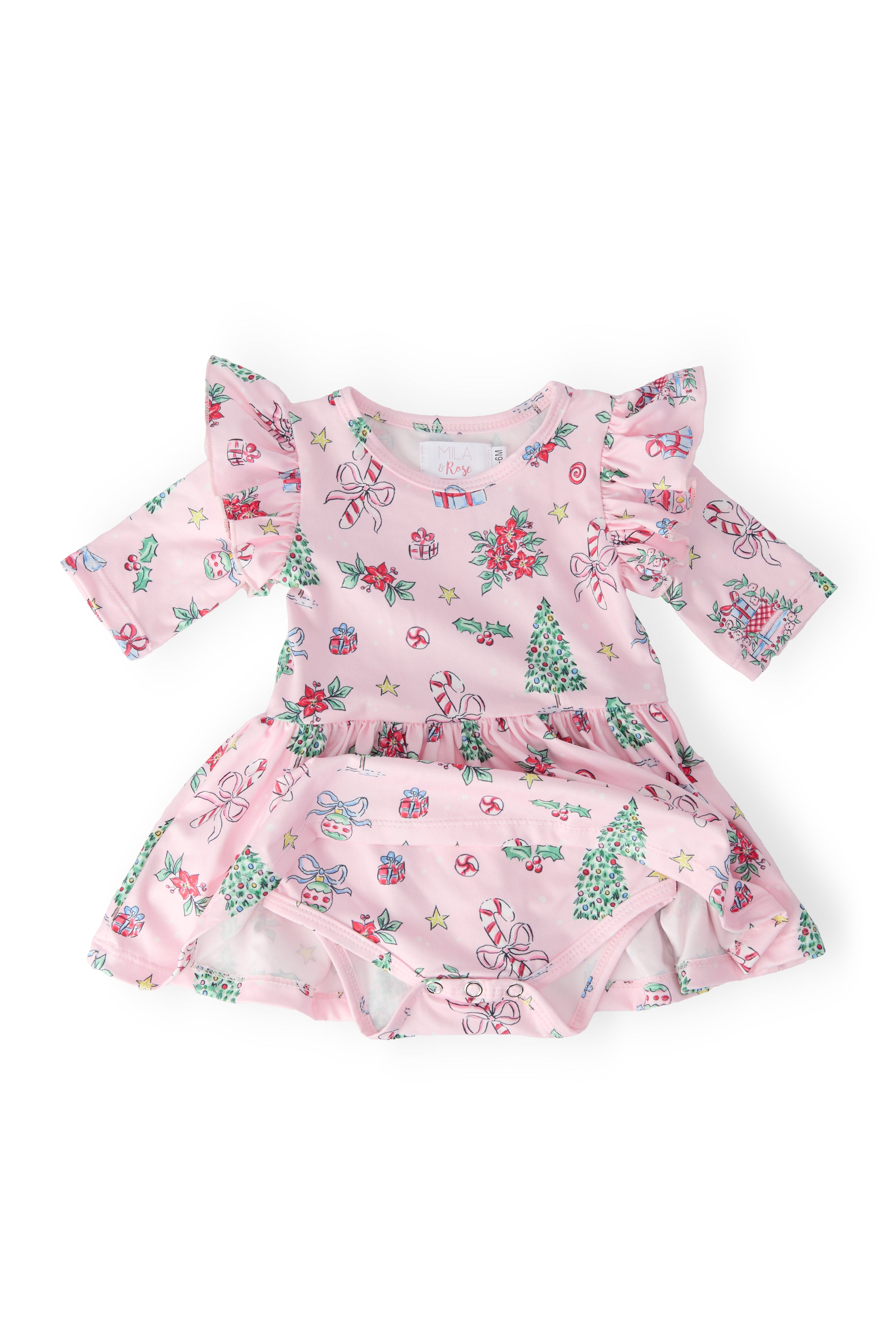 Pink Christmas 3/4 Sleeve Twirl Flutter Bodysuit-Mila & Rose ®