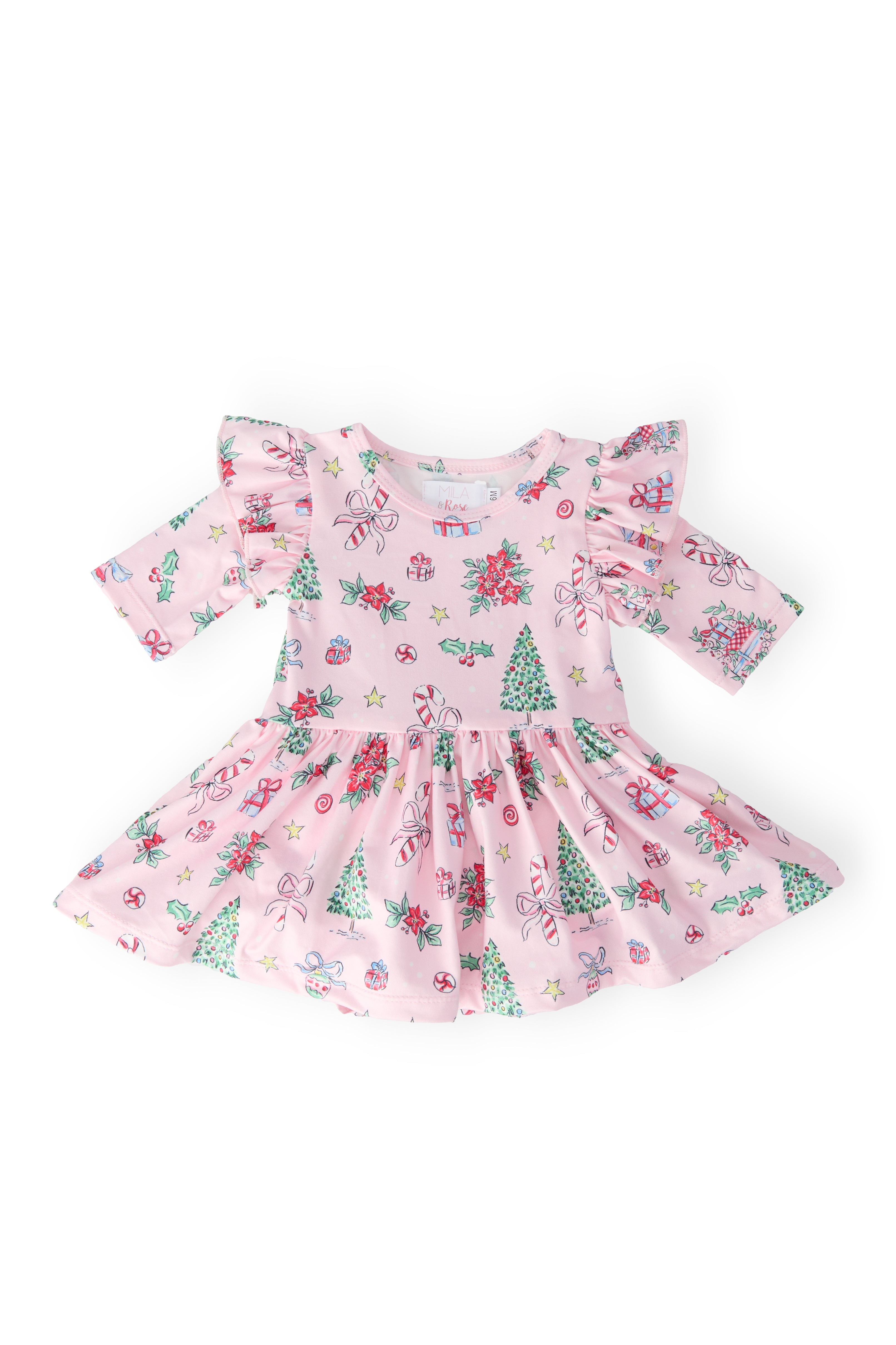 Pink Christmas 3/4 Sleeve Twirl Flutter Bodysuit-Mila & Rose ®