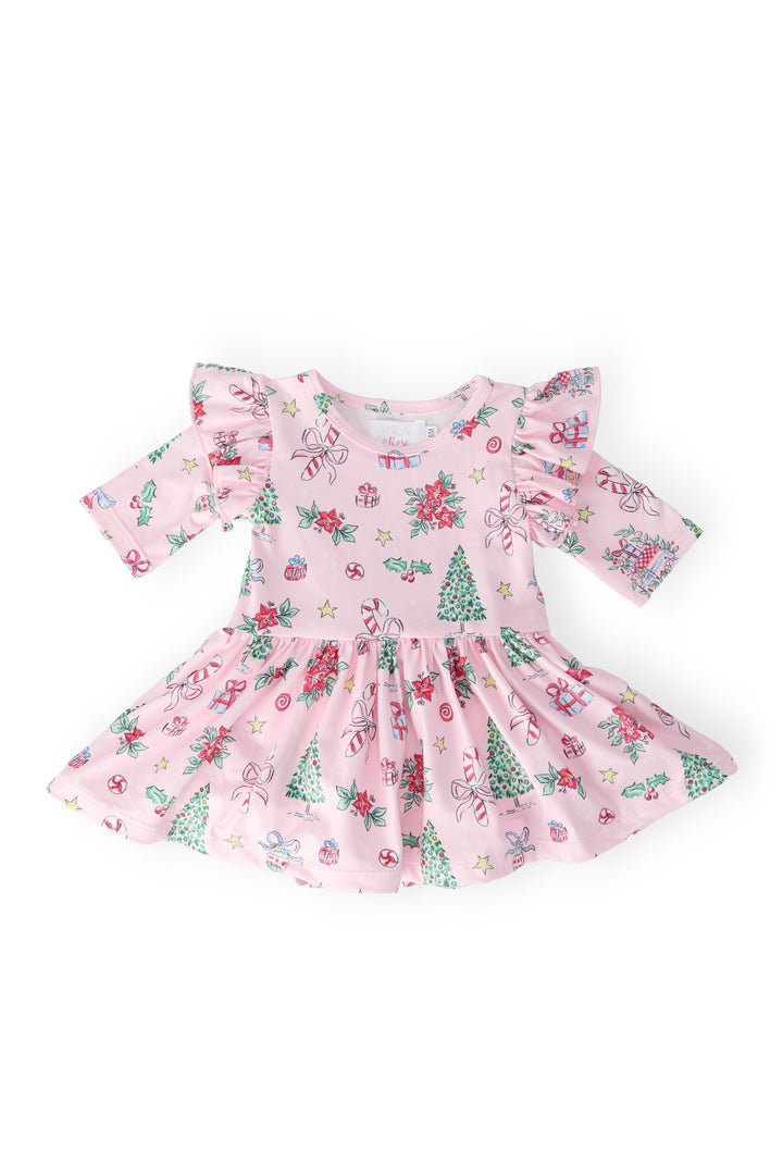 Pink Christmas 3/4 Sleeve Twirl Flutter Bodysuit-Mila & Rose ®