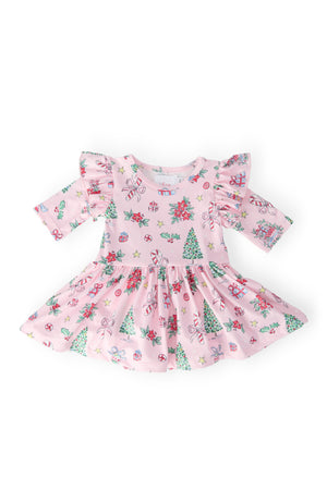 Pink Christmas 3/4 Sleeve Twirl Flutter Bodysuit-Mila & Rose ®