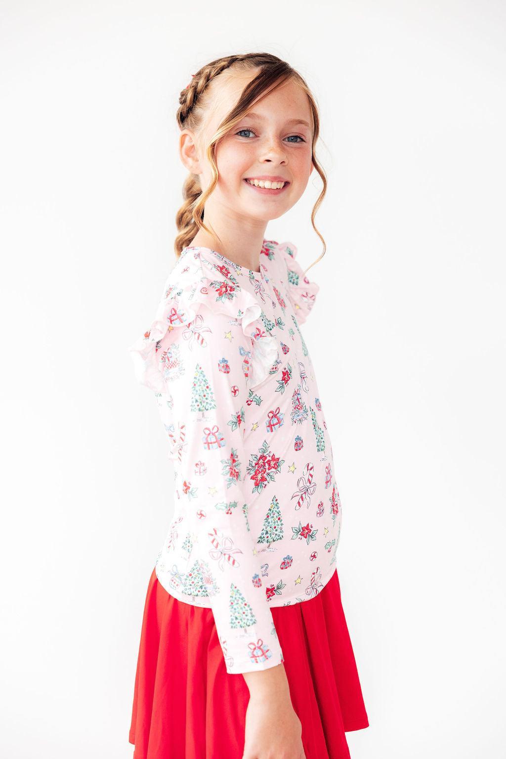 Pink Christmas L/S Ruffle Tee-Mila & Rose ®