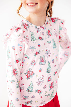 Pink Christmas L/S Ruffle Tee-Mila & Rose ®