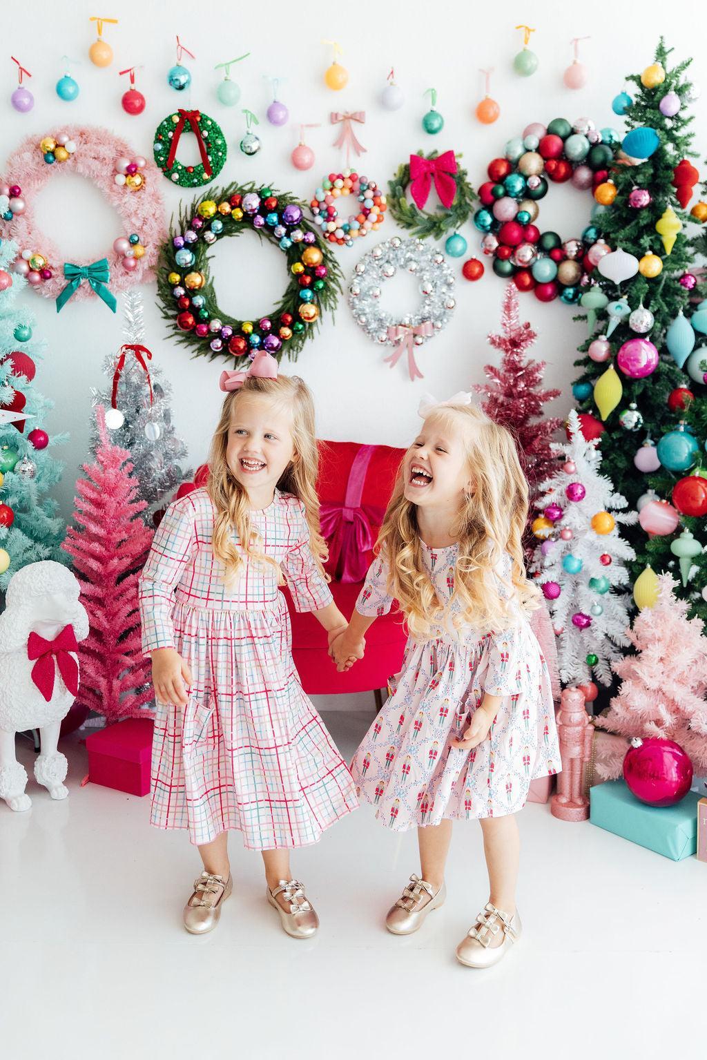 Pink Plaid 3/4 Sleeve Pocket Twirl Dress-Mila & Rose ®