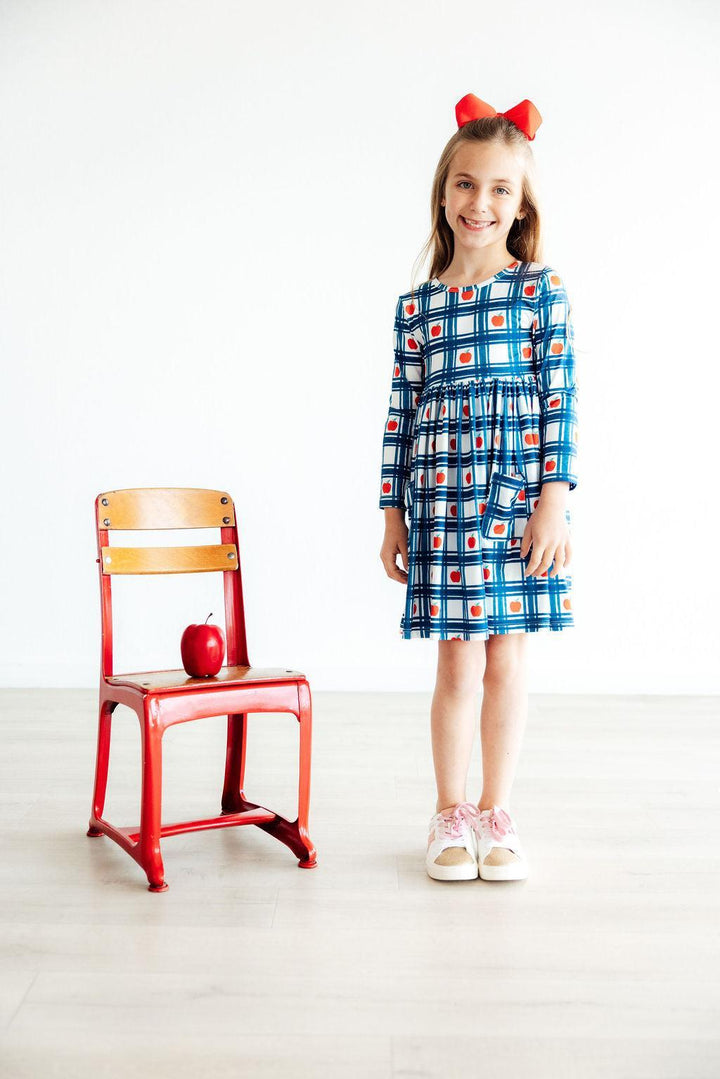 Plaid Apples L/S Pocket Twirl Dress-Mila & Rose ®