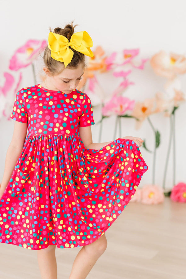 pink dress polka dots Pink Polka Dot Flared Sleeve Madeira Midi Dress