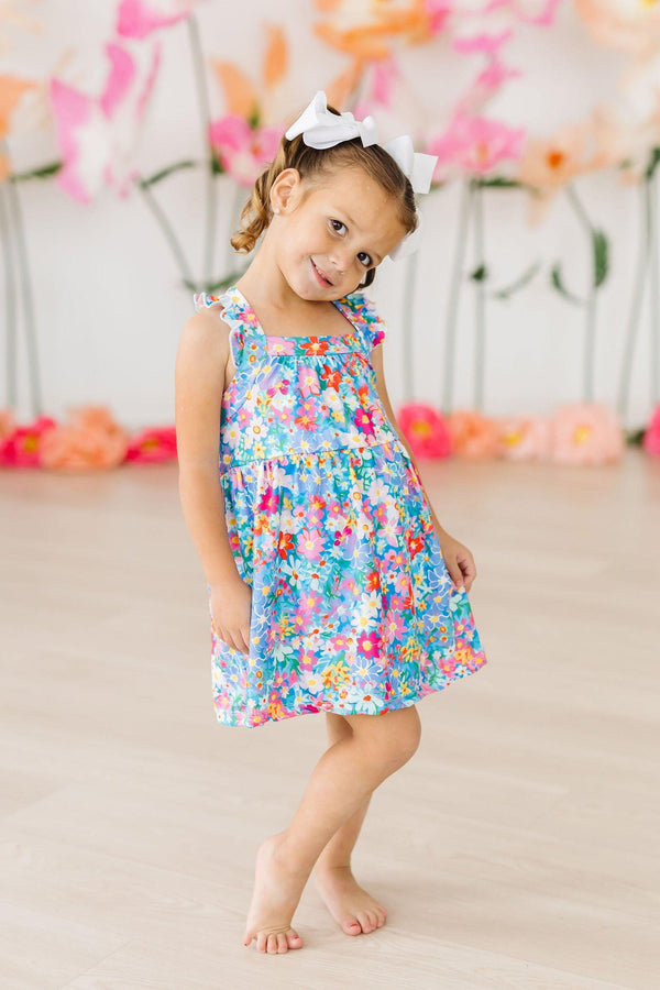 pink preppy dress Girls' Preppy Floral Ruffle Cross Back Dress Size: 4T Toddler By Mila & Rose