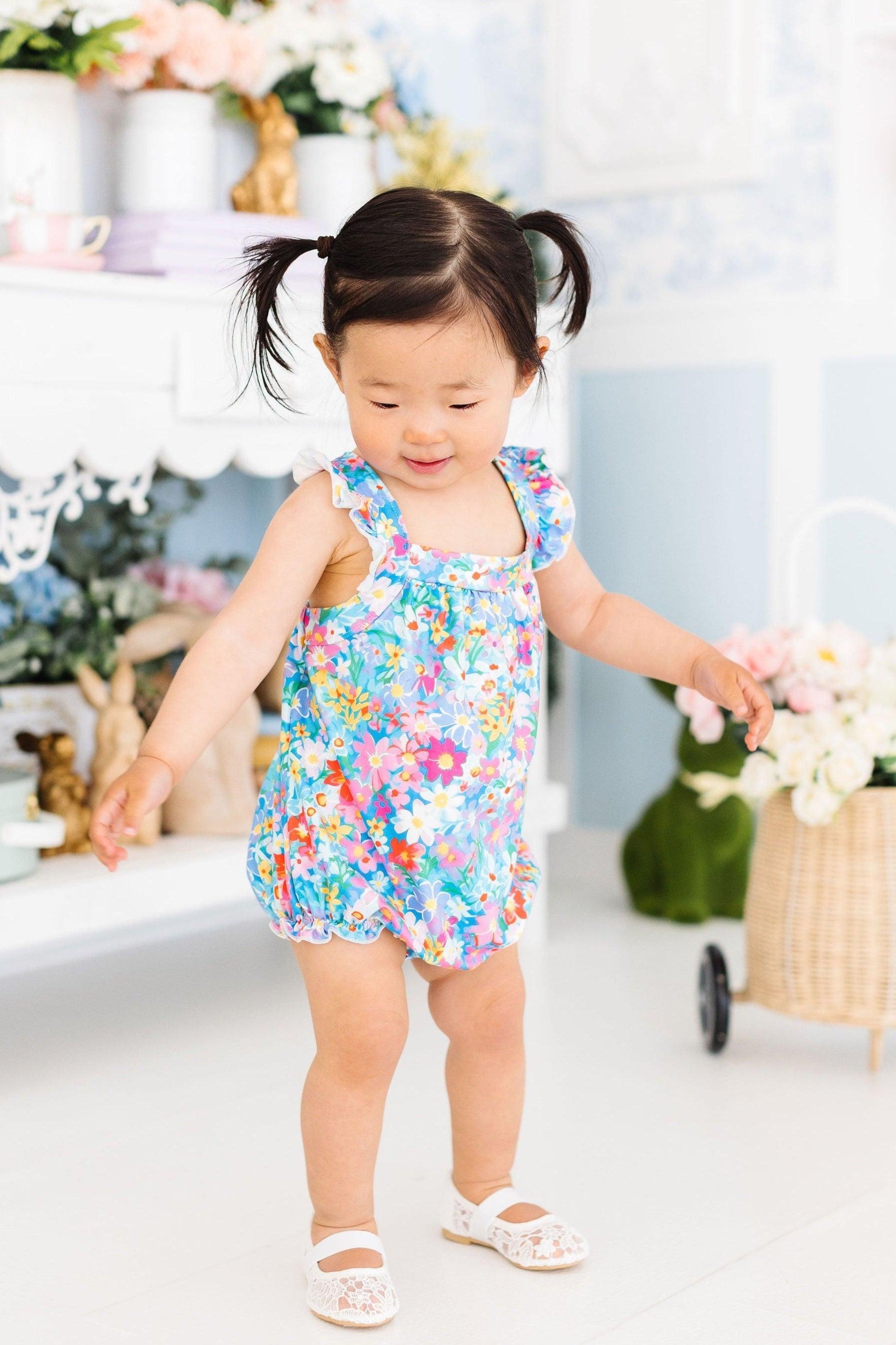 Preppy Floral Ruffle Cross Back Romper-Mila & Rose ®