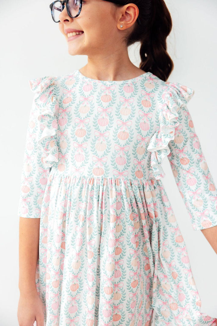 Pumpkin Kisses, Harvest Wishes 3/4 Sleeve Ruffle Twirl Dress-Mila & Rose ®