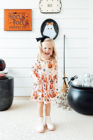 Pumpkin Peekaboo 3/4 Sleeve Pocket Twirl Dress-Mila & Rose ®