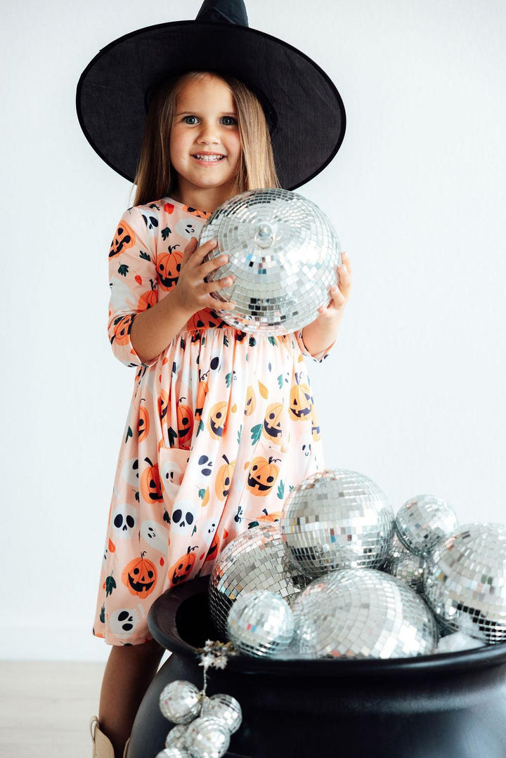 Pumpkin Peekaboo 3/4 Sleeve Pocket Twirl Dress-Mila & Rose ®