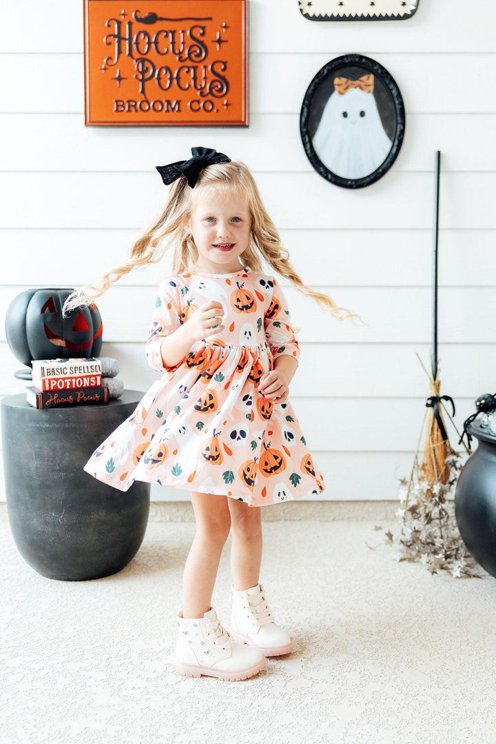 Pumpkin Peekaboo 3/4 Sleeve Pocket Twirl Dress-Mila & Rose ®