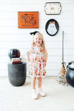 Pumpkin Peekaboo 3/4 Sleeve Pocket Twirl Dress-Mila & Rose ®