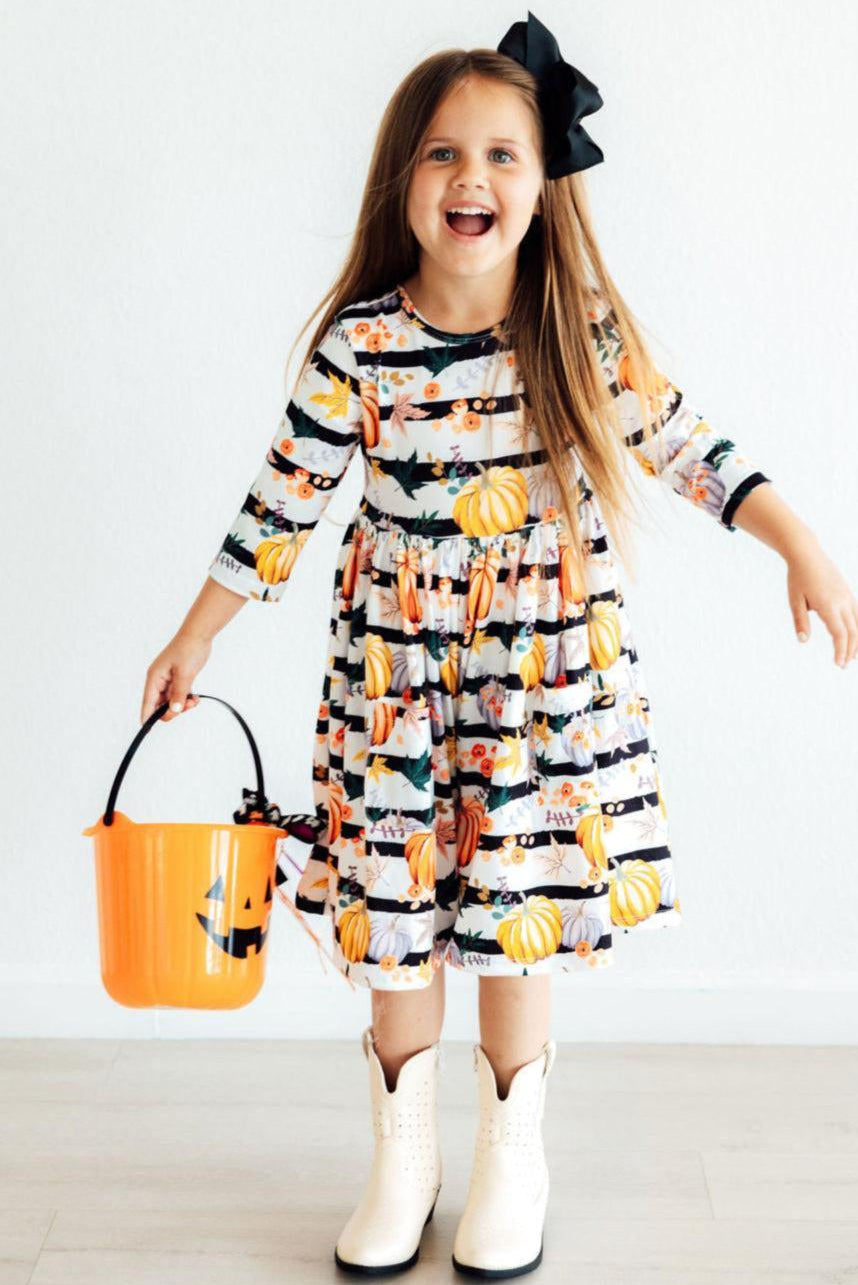 Pumpkins & Peonies 3/4 Sleeve Pocket Twirl Dress-Mila & Rose ®