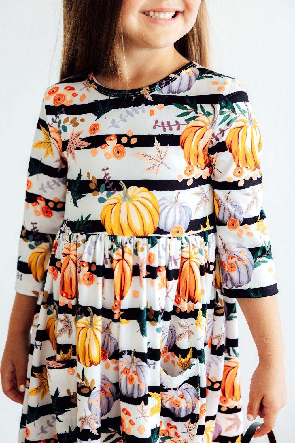 Pumpkins & Peonies 3/4 Sleeve Pocket Twirl Dress-Mila & Rose ®