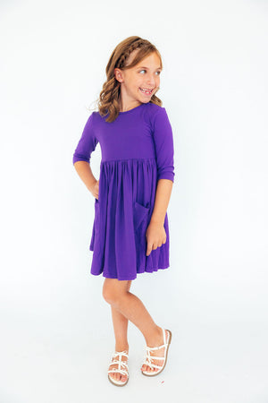 Purple 3/4 Sleeve Pocket Twirl Dress-Mila & Rose ®