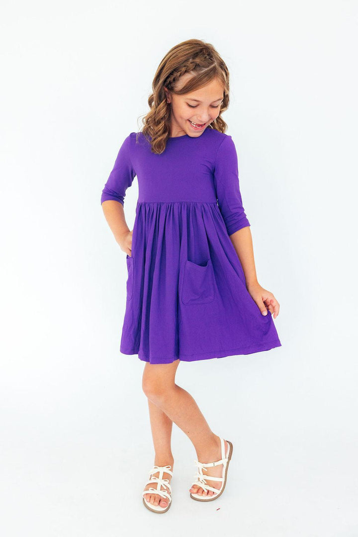 Purple 3/4 Sleeve Pocket Twirl Dress-Mila & Rose ®