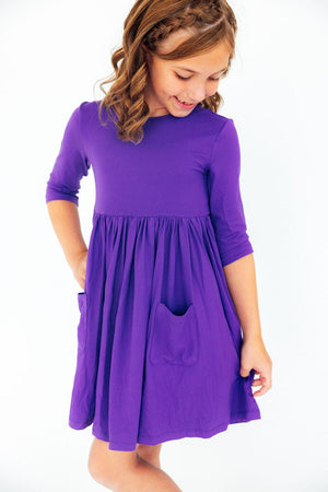 Purple 3/4 Sleeve Pocket Twirl Dress-Mila & Rose ®