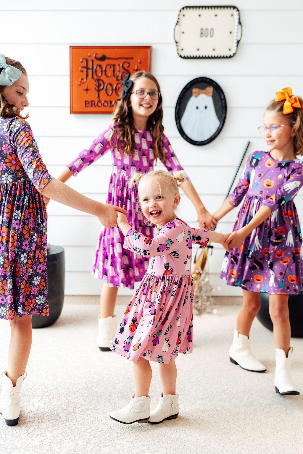 Purr-fectly Spooky 3/4 Sleeve Pocket Twirl Dress-Mila & Rose ®