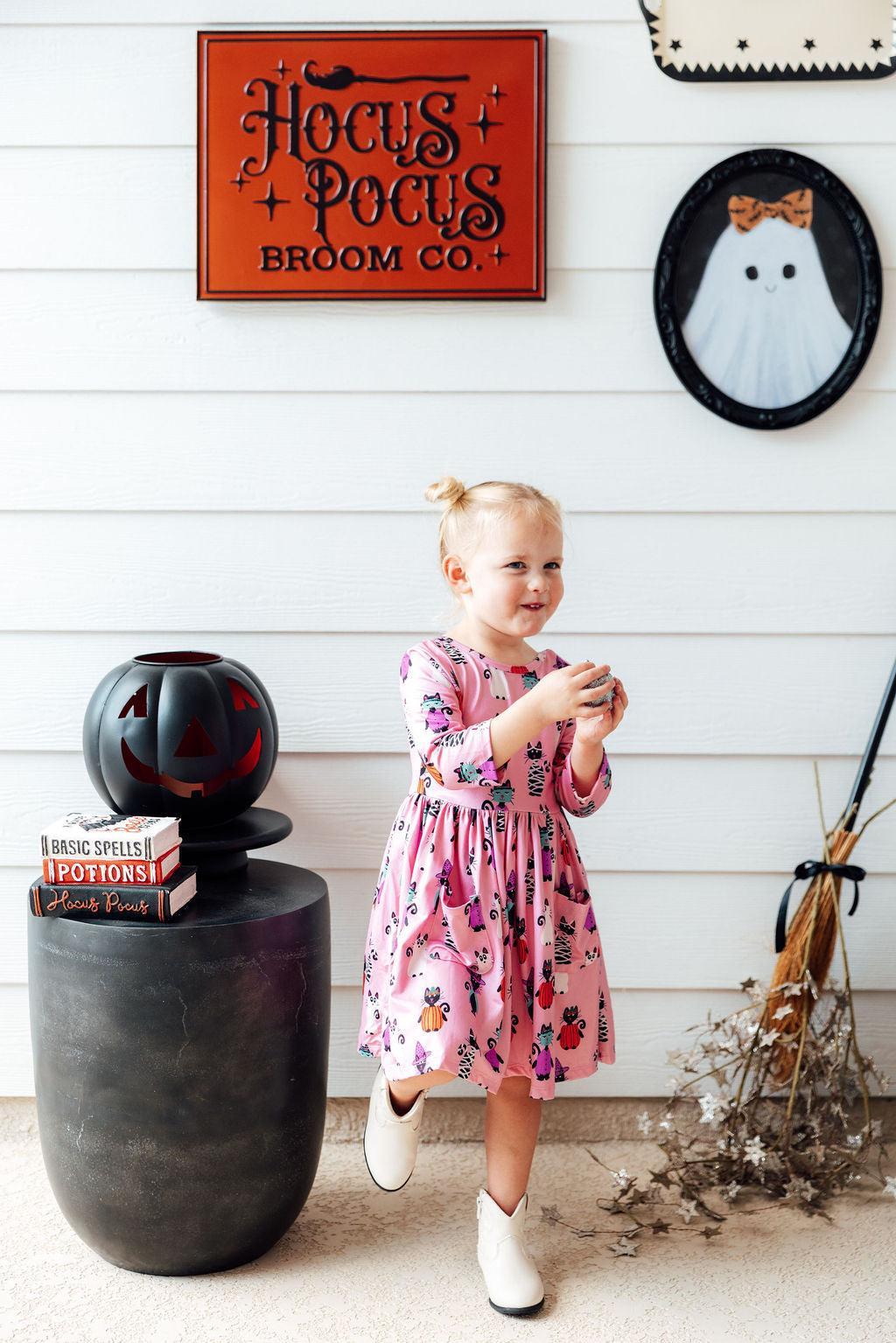 Purr-fectly Spooky 3/4 Sleeve Pocket Twirl Dress-Mila & Rose ®