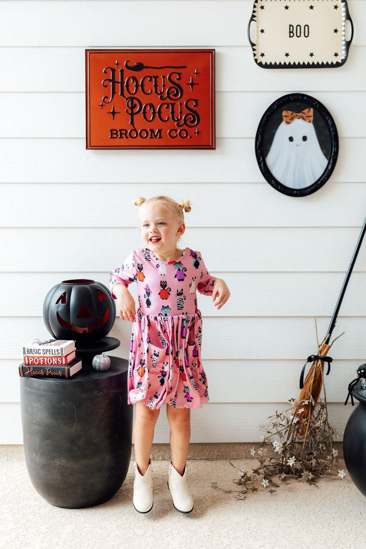 Purr-fectly Spooky 3/4 Sleeve Pocket Twirl Dress-Mila & Rose ®