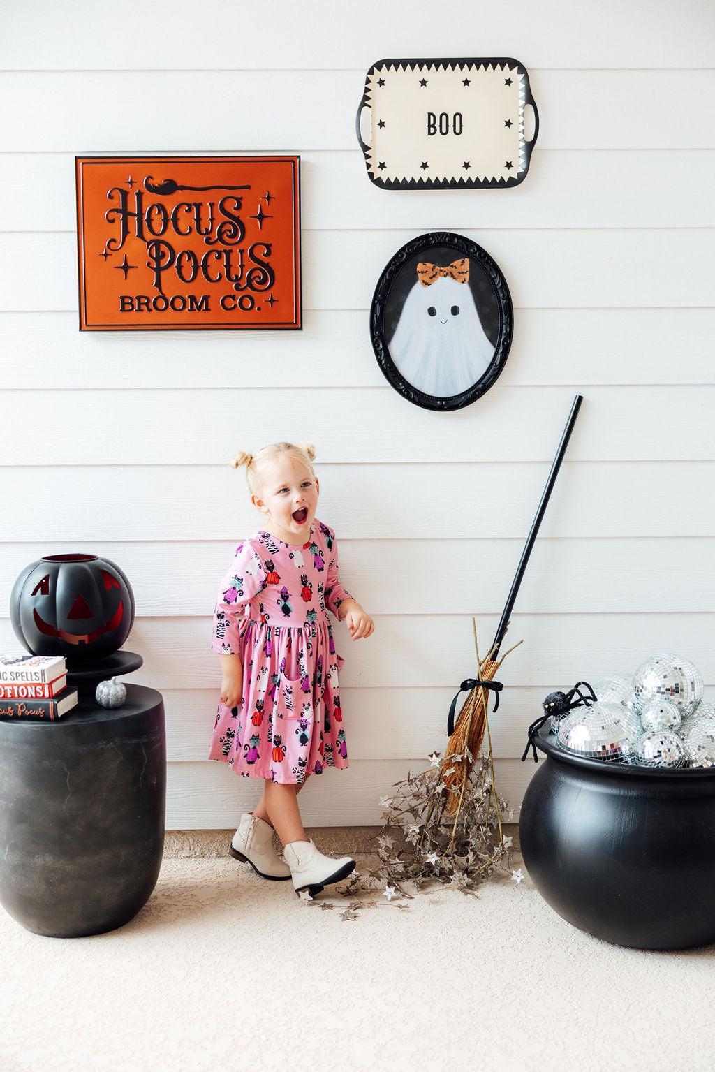 Purr-fectly Spooky 3/4 Sleeve Pocket Twirl Dress-Mila & Rose ®